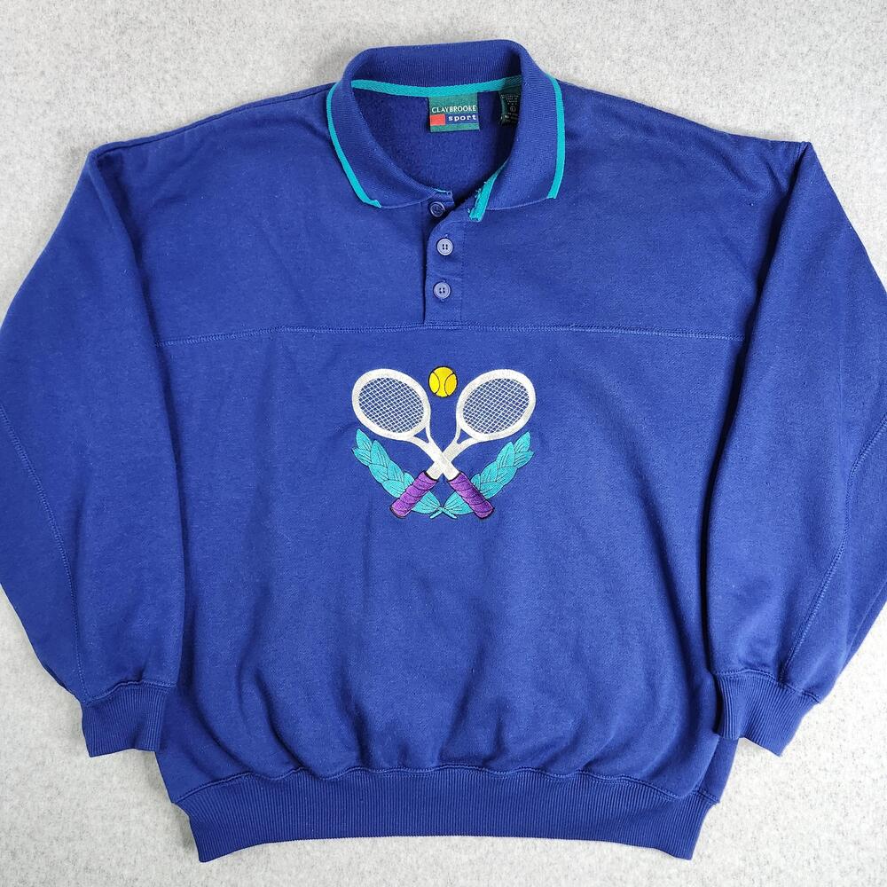 Vintage Claybrooke Sport Sweatshirt Mens Large Blue Tennis Racket Embroidered